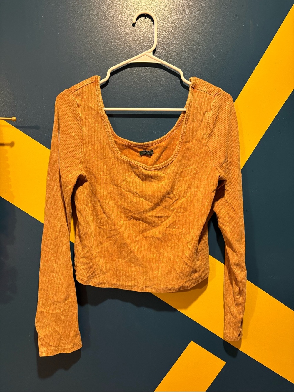 Wild Fable Golden Wheat Acid Washed Ribbed Scoop Neck Long Sleeve Crop Top NWOT